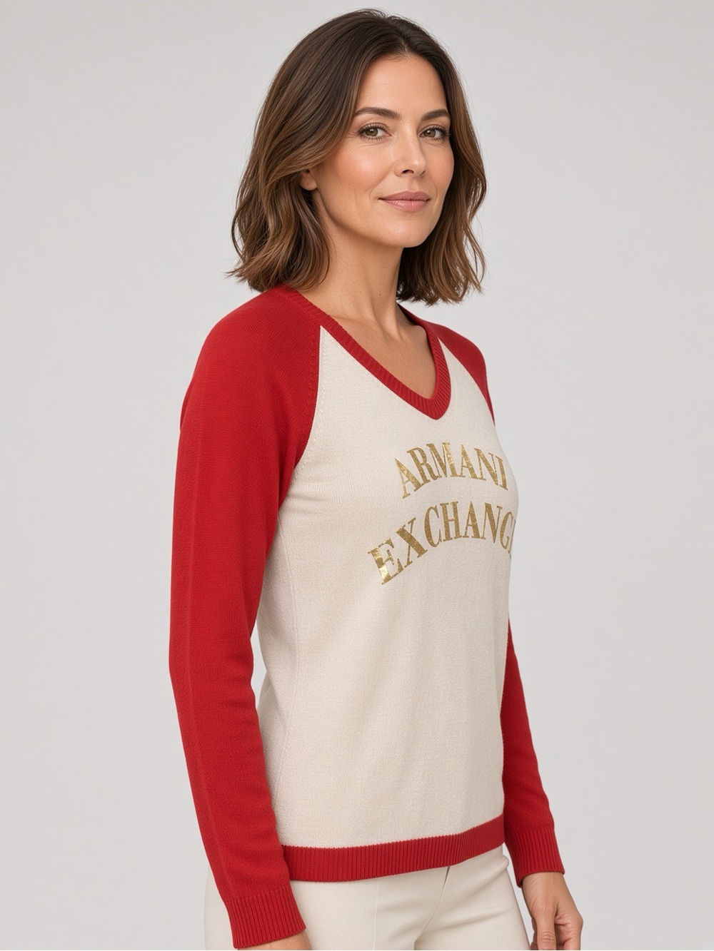 Armani Exchange Cream with Red Raglan Sleeve V-Neck 3/4 Long Sleeve Top